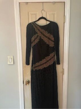 Vintage Black Maxi Dress with Gold Beaded Diagonal Accents